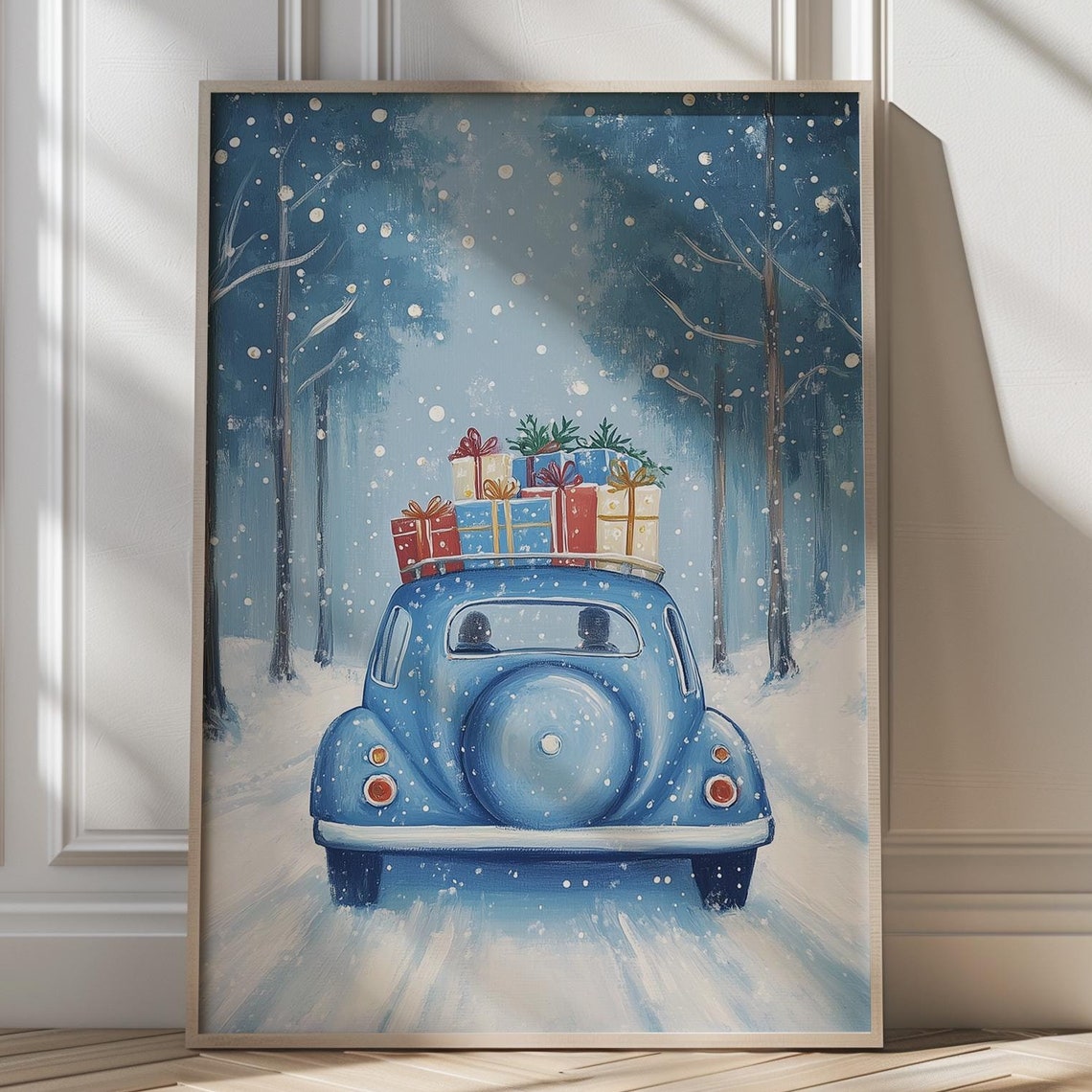 Vintage Blue Beetle Christmas Art Poster Snowy Drive With Gifts Decor