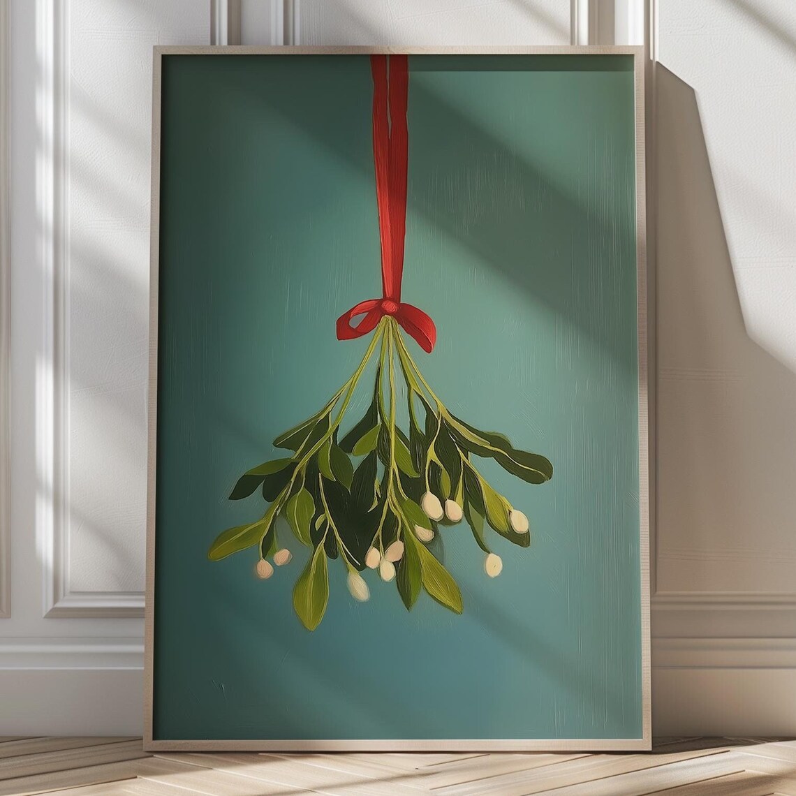 Fresh Mistletoe With Red Ribbon On Deep Green Minimalist Poster