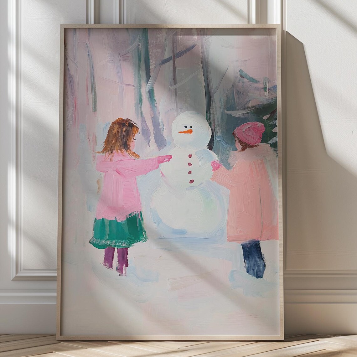 Two Kids Building A Snowman In A Pretty Snowy Forest Art Poster