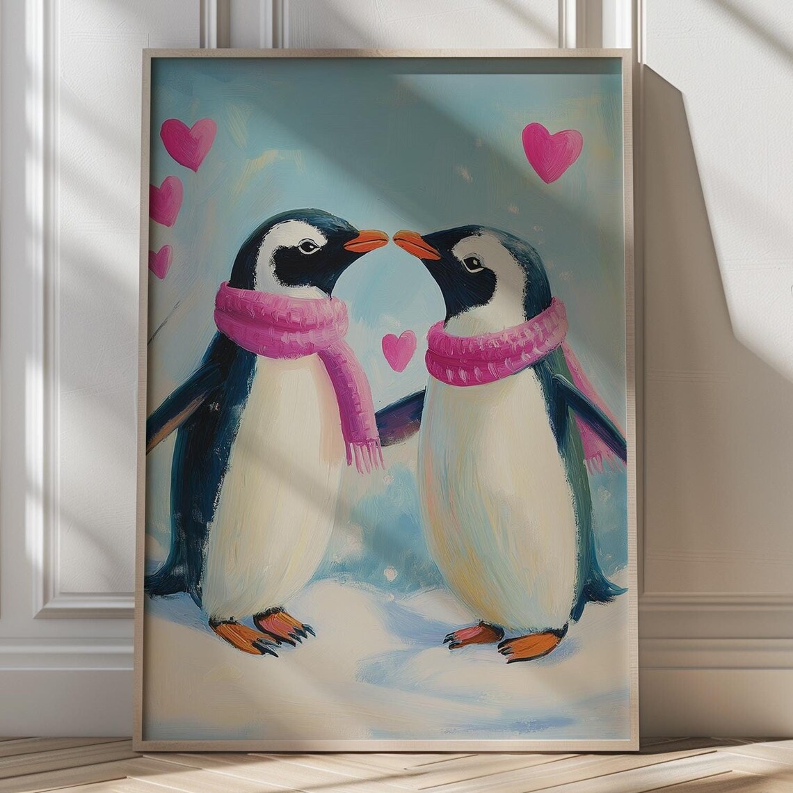 Penguin Couple In Pink Scarves Winter Snow Love Birds Poster