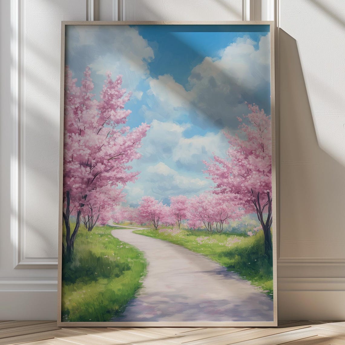 Cherry Blossom Lined Spring Pathway Serene Landscape Art Poster