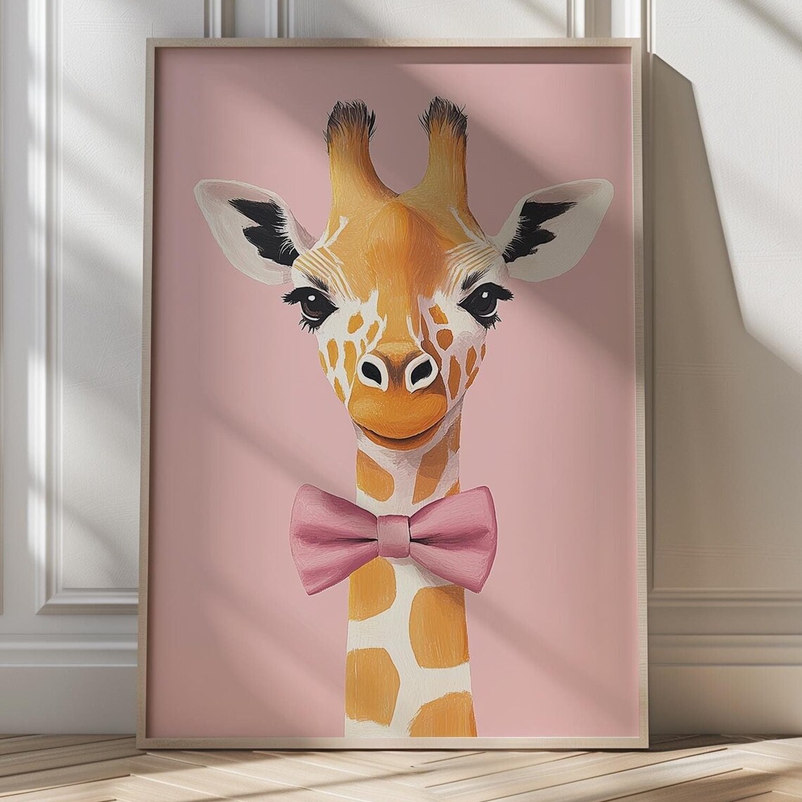 Sweet Golden Giraffe With Pink Bow on Blush Pink Nursery Poster