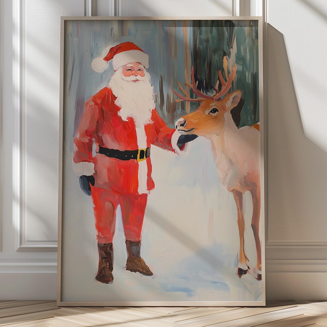 Santa Claus Petting Reindeer In Snowy Winter Wonderland Scene Poster
