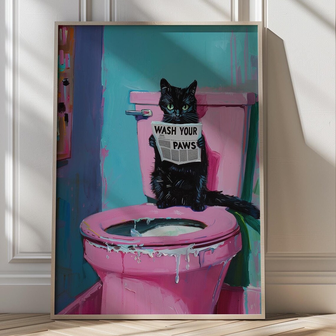 Black Cat on Pink Toilet, Quirky Bathroom Art Print