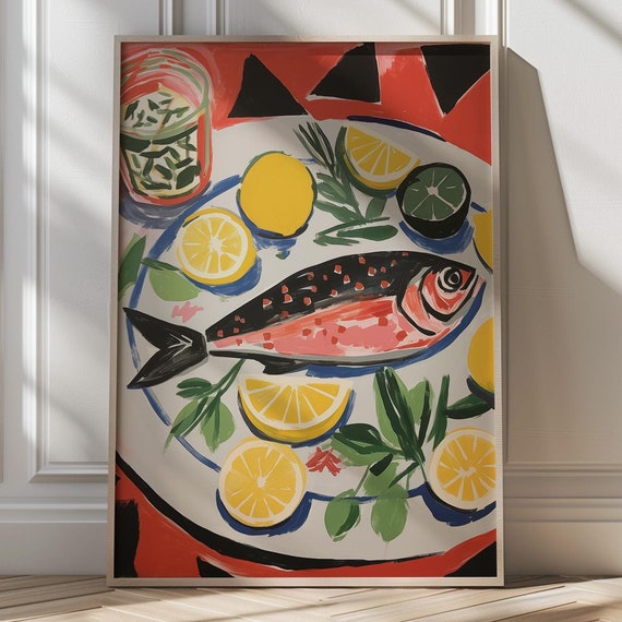 Kitchen Art Print Bold Fish And Citrus Wall Art Modern Food Art Vibrant Culinary Decor Colorful Kitchen Artwork Matisse Style Decor Wall Art