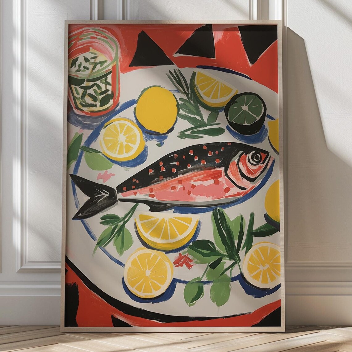Bold Fish and Citrus Plate Red Black Modern Kitchen Art Poster