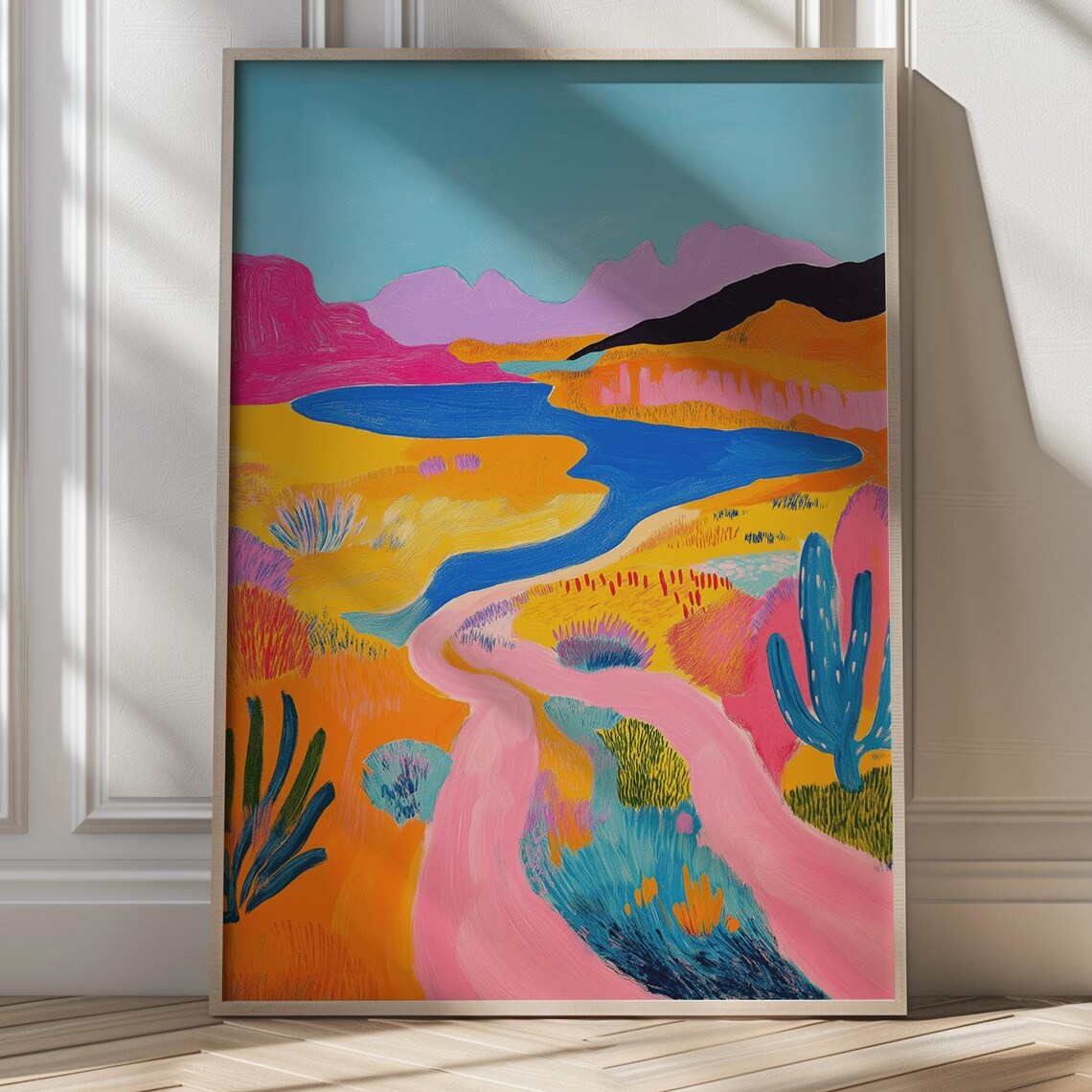 Colorful Desert Landscape with Pink River Fauvist Art Poster