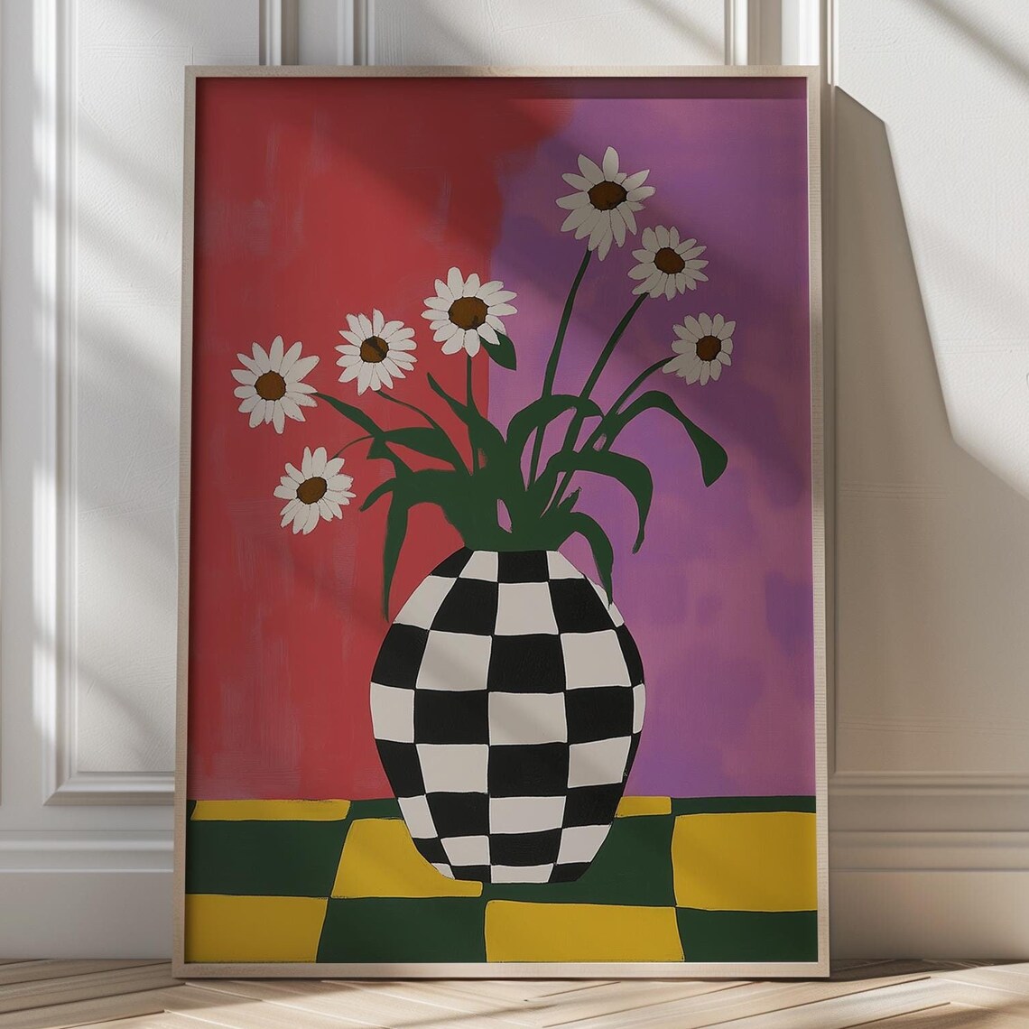 White Daisies In Checkered Vase Eclectic Retro Floral Wall Poster