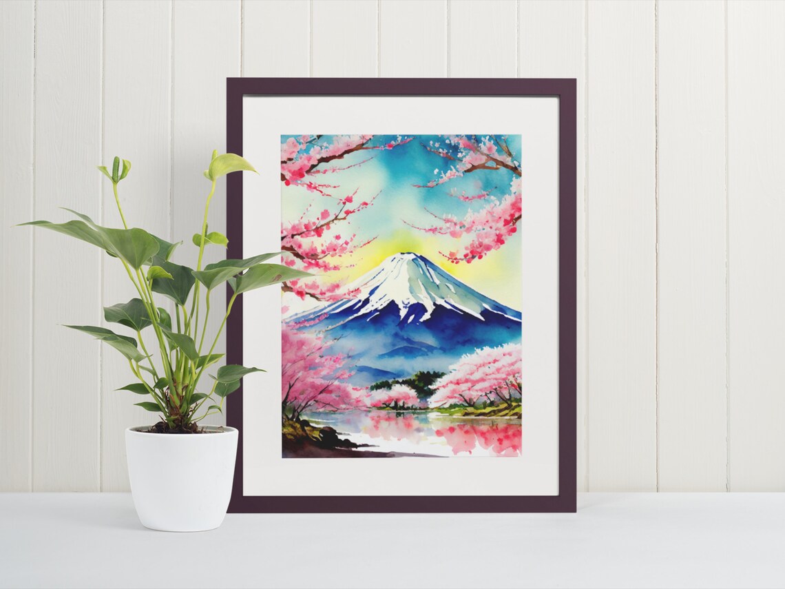 Mount Fuji Cherry Blossom Watercolor Japan Spring Lake Reflection Print