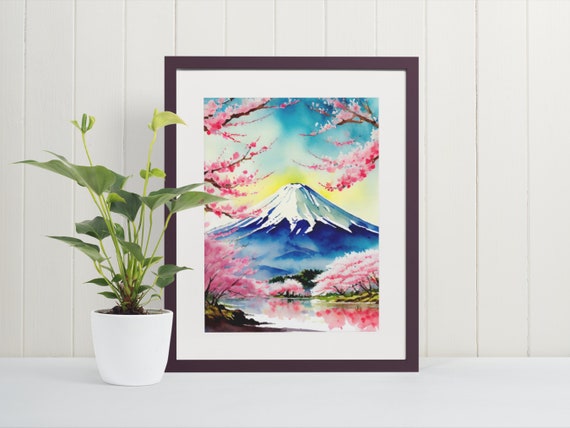 Mount Fuji Watercolor Art Print Japan Travel Prints Poster Asia Cherry Blossoms Nature Wall