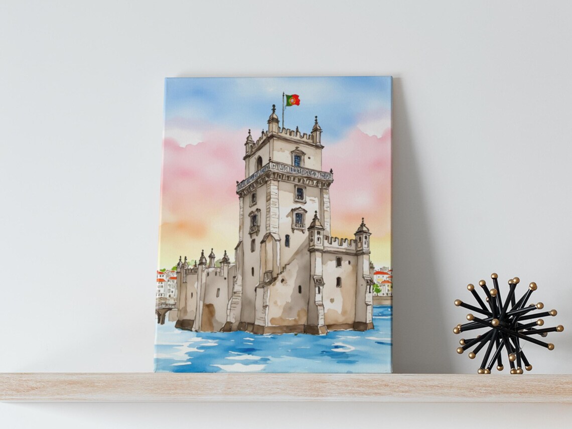 Belem Tower Lisbon Portugal Watercolor Portuguese Flag Sunset Poster