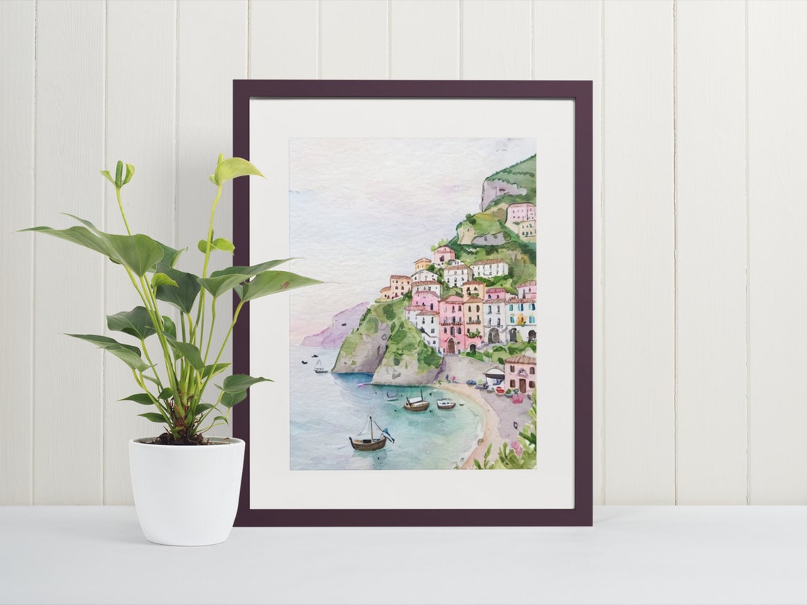 Amalfi Coast Italy Watercolor Cliffside Village Seaside Poster