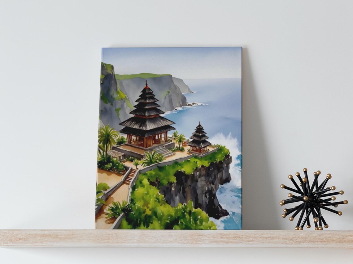 Uluwatu Temple Bali Cliffside Watercolor Ocean Sunset Poster