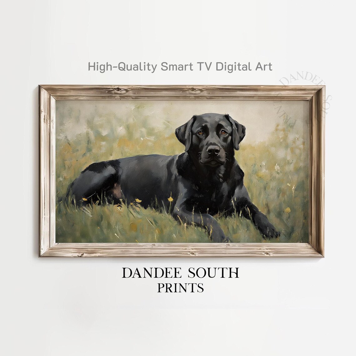 Black Labrador Retriever Lying in Meadow Oil Painting Dog Poster