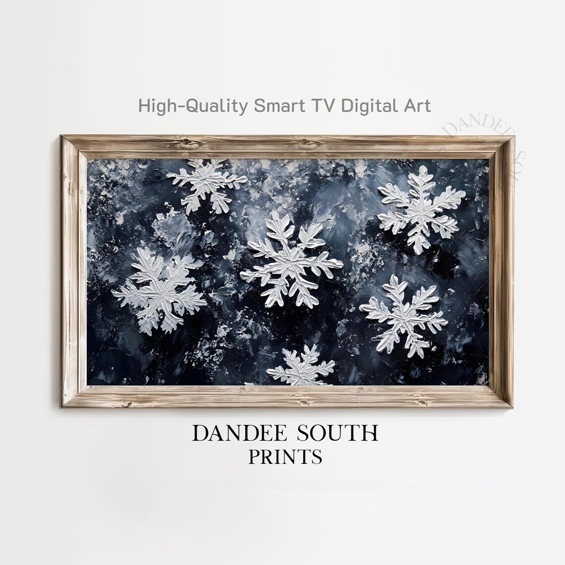 Winter Snowflakes White On Dark Navy Moody Christmas Decor Wall Art