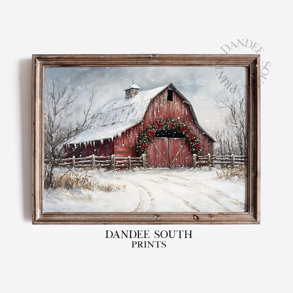 Red Barn with Christmas Wreath in Snow Winter Farmhouse Painting Poster