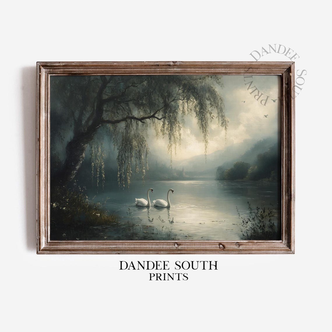 Misty Swan Lake Under Willow Tree Dark Romantic Painting Poster