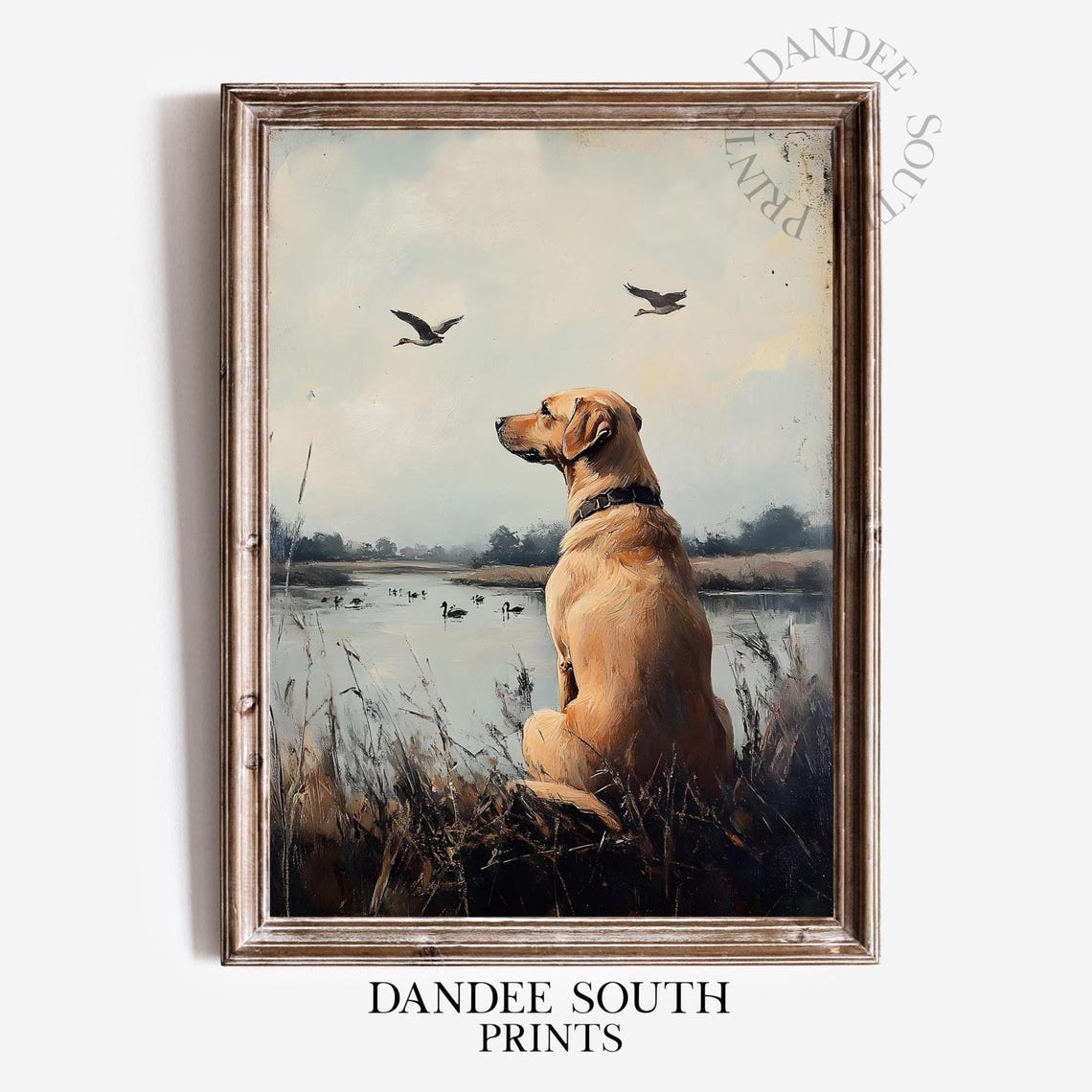 Golden Labrador Watching Ducks Over Lake Rustic Painting Poster