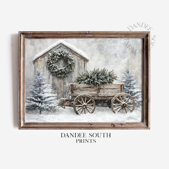 Snowy Christmas Wagon Rustic Barn Wreath Winter Farmhouse Wall Art