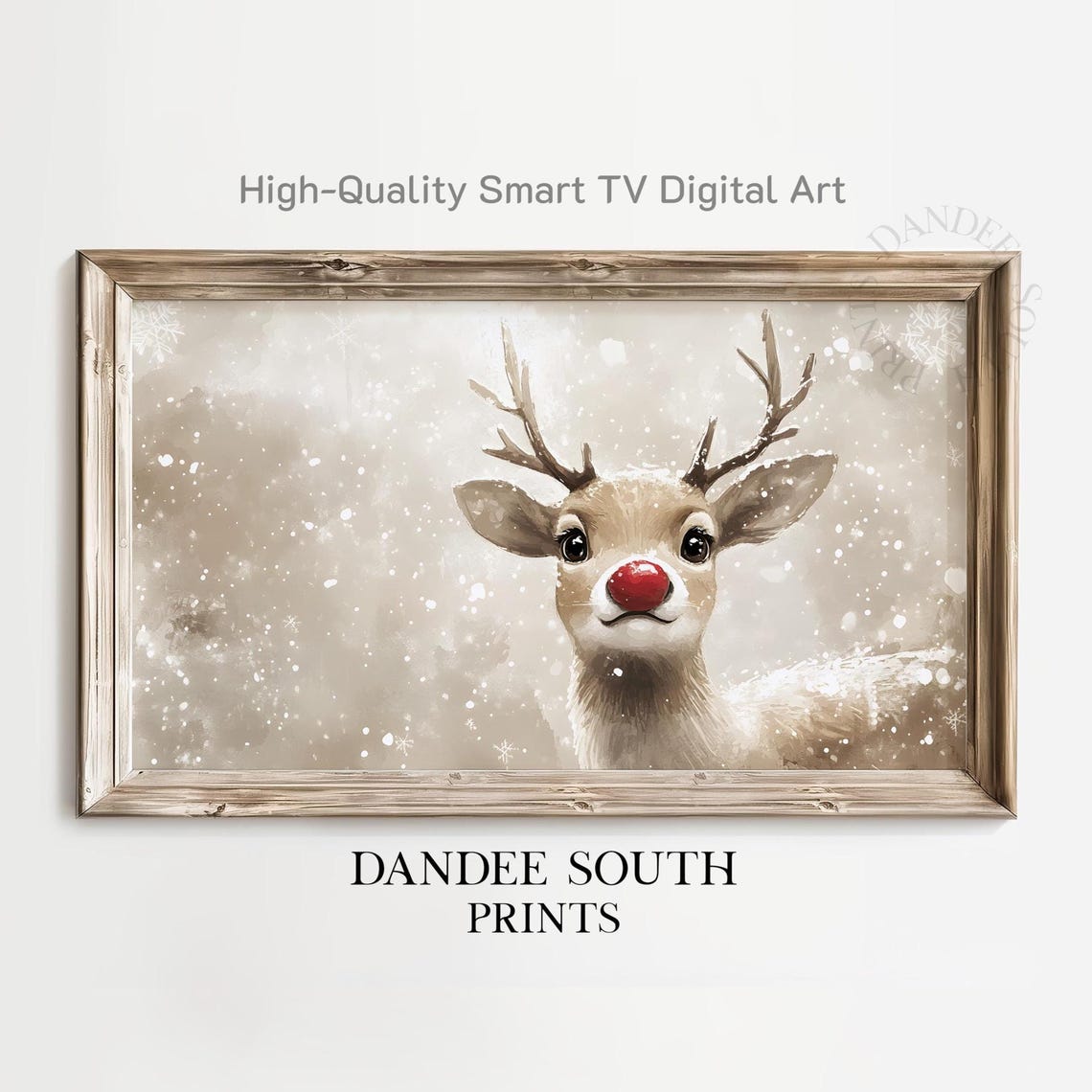 Cute Red Nosed Reindeer in Snowfall Watercolor Christmas Wall Art