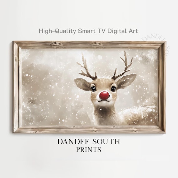 Cute Red Nosed Reindeer in Snowfall Watercolor Christmas Wall Art