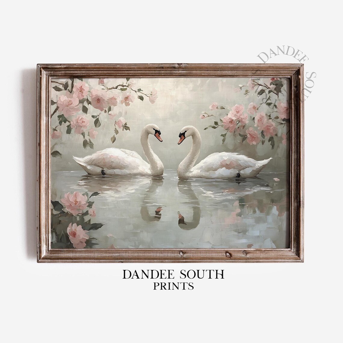 Two White Swans With Pink Blossoms Vintage Spring Oil Painting Wall Art
