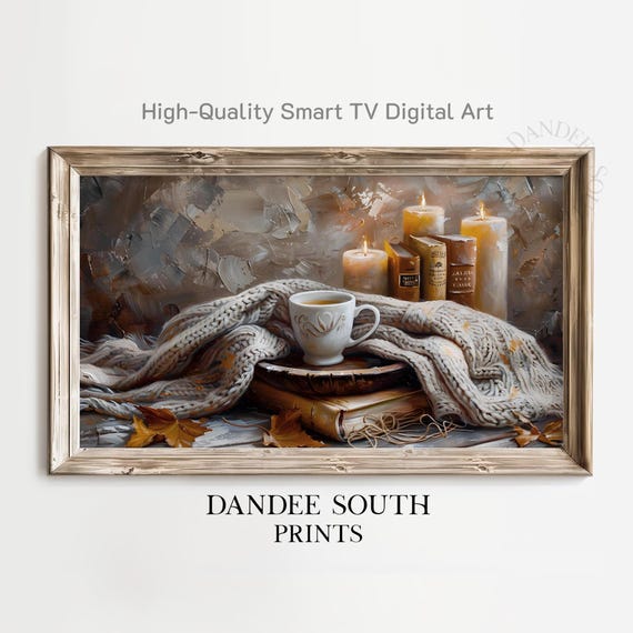Fall Books And Coffee Tv Art For Frame Smart Vintage Autumn Painting Cozy Home Decor Tv108