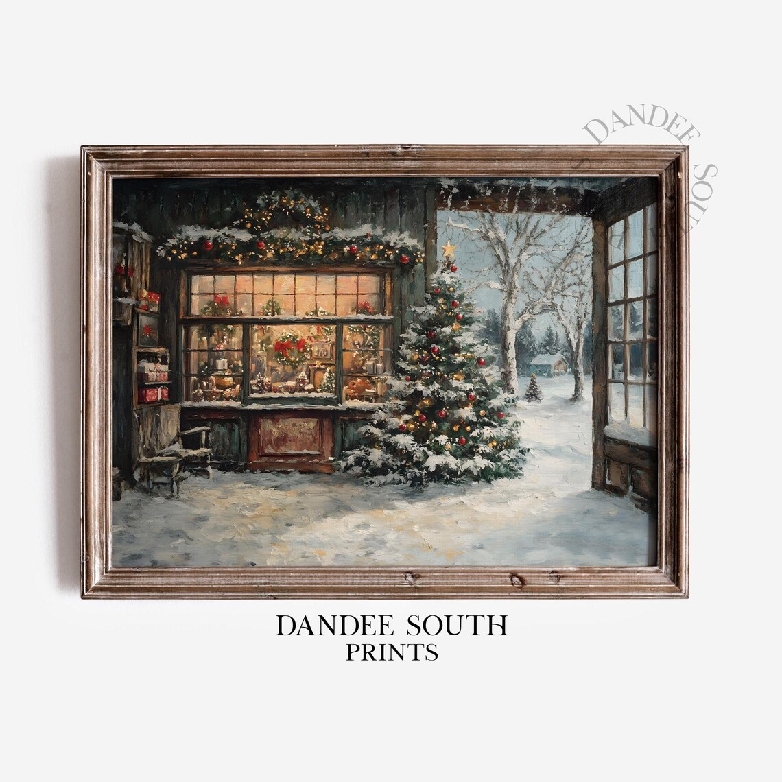 Vintage Christmas Storefront Snowy Night Lit Tree Holiday Wall Art