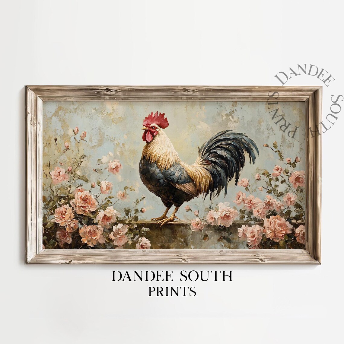 Vintage White Rooster With Pink Roses Cottage Garden Farmhouse Poster