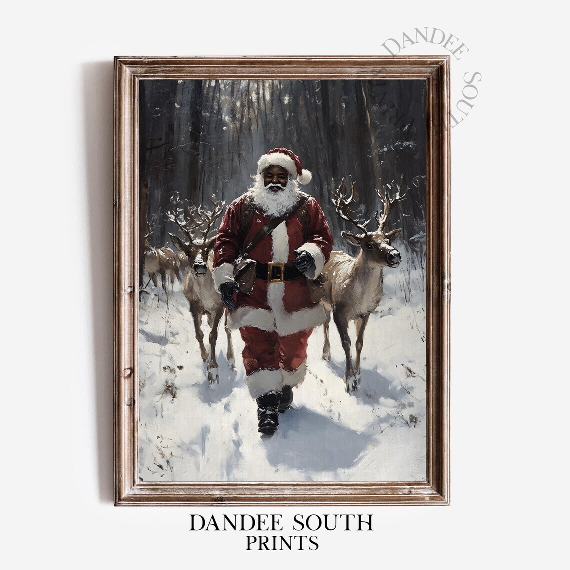 Black Santa Claus With Reindeer Vintage Christmas Snow Painting Print