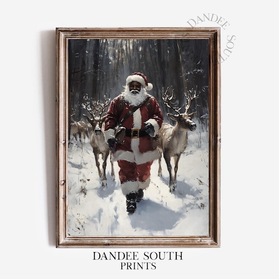 Black Santa Claus With Reindeer Vintage Christmas Snow Painting Print