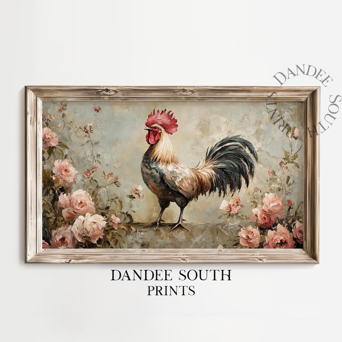 Vintage Rooster With Blush Pink Roses Weathered Cream Farm Art Poster