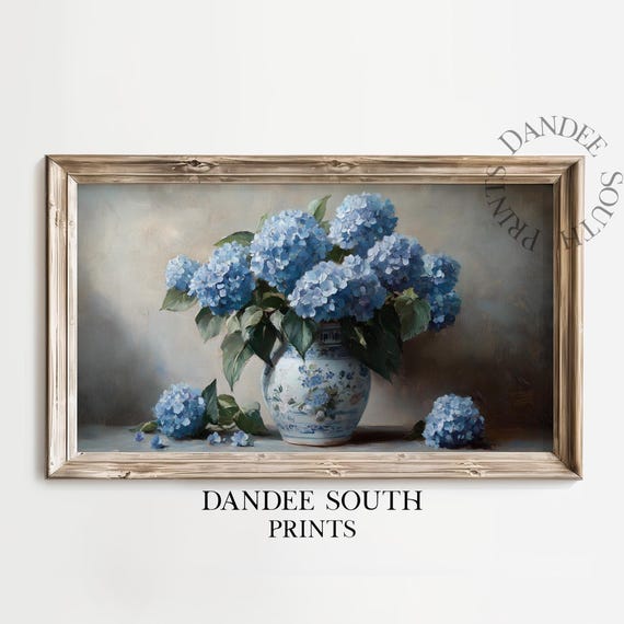 Blue Hydrangeas Tv Art For Frame Smart Spring Flowers Painting Chinoiserie Toile Floral Home Decor Tv016