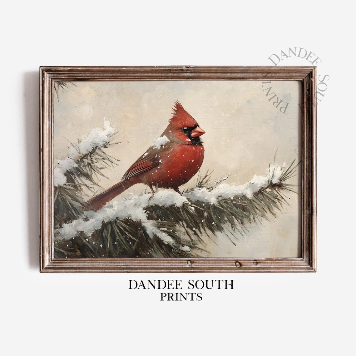 Red Cardinal Snowy Pine Branch Vintage Winter Christmas Bird Poster