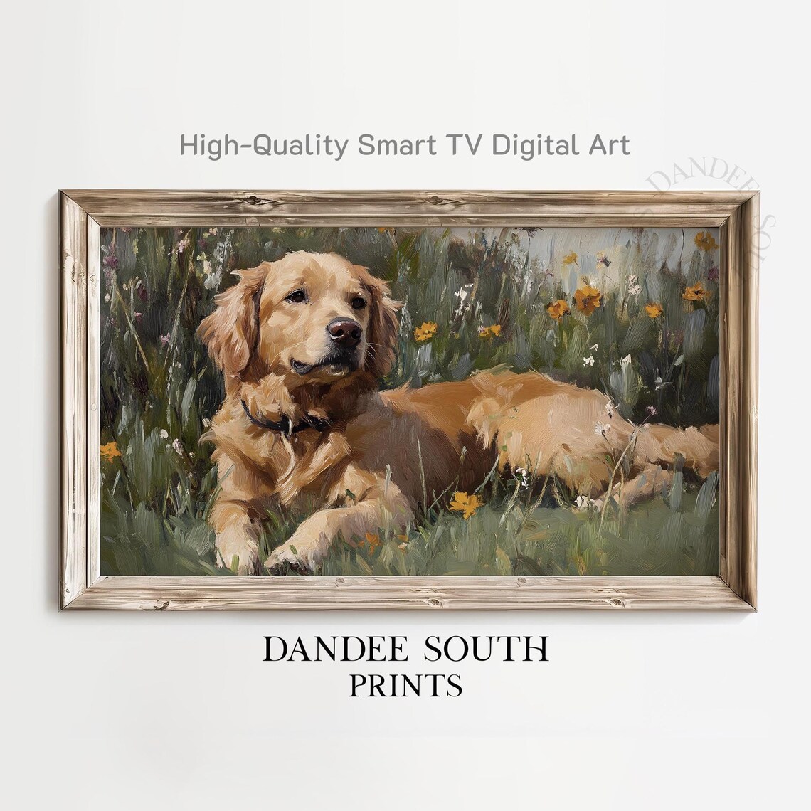 Golden Retriever Lying in Wildflower Meadow Oil Painting Dog Poster