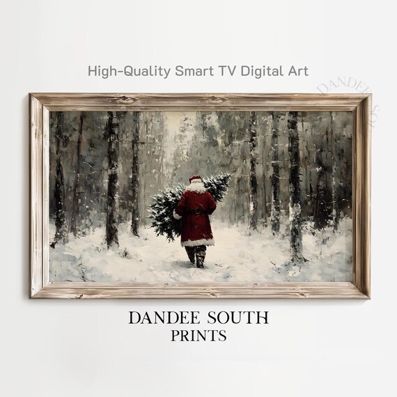 Vintage Santa Dragging Christmas Tree Through Snowy Forest Poster