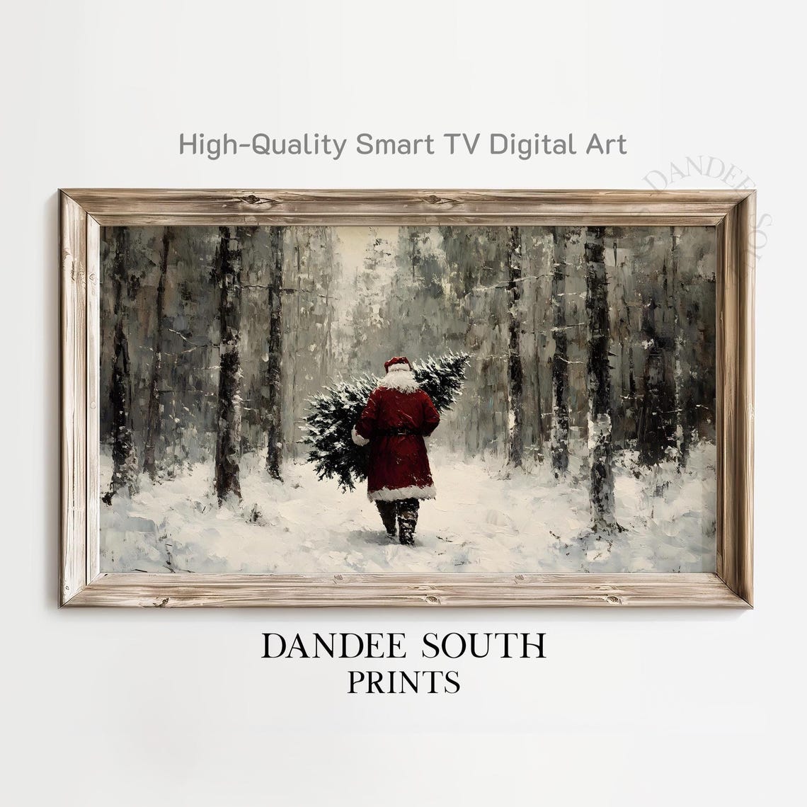 Vintage Santa Dragging Christmas Tree Through Snowy Forest Poster