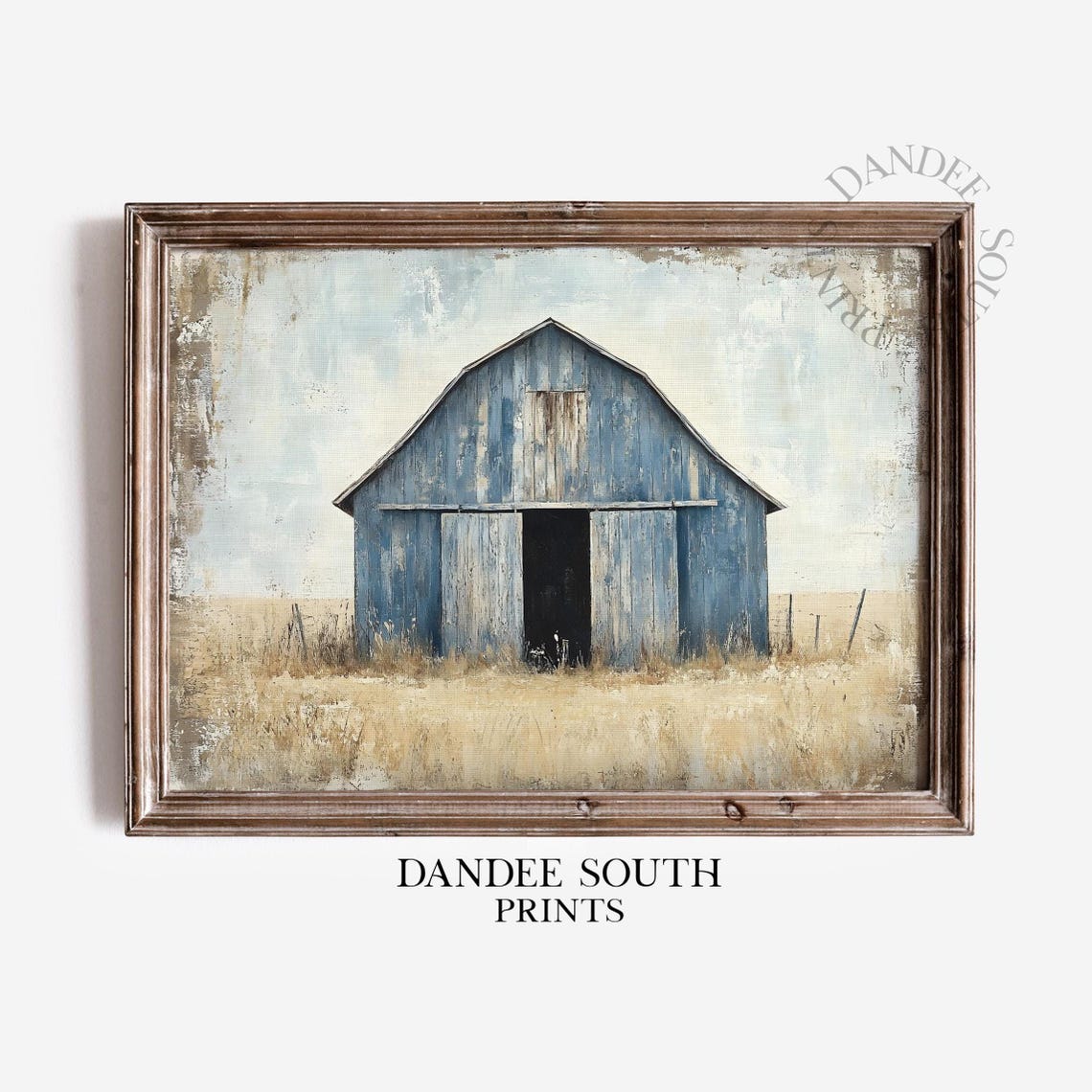 Weathered Blue Barn Golden Wheat Field Rustic Farmhouse Wall Art
