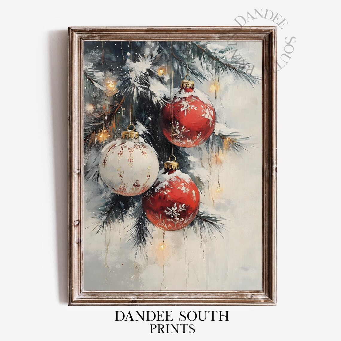 Red Toile Christmas Ornaments on Snowy Pine Branch Holiday Poster