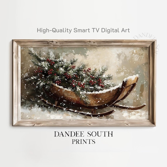 Wooden Sleigh Filled with Snowy Pine and Red Berries Painting Poster