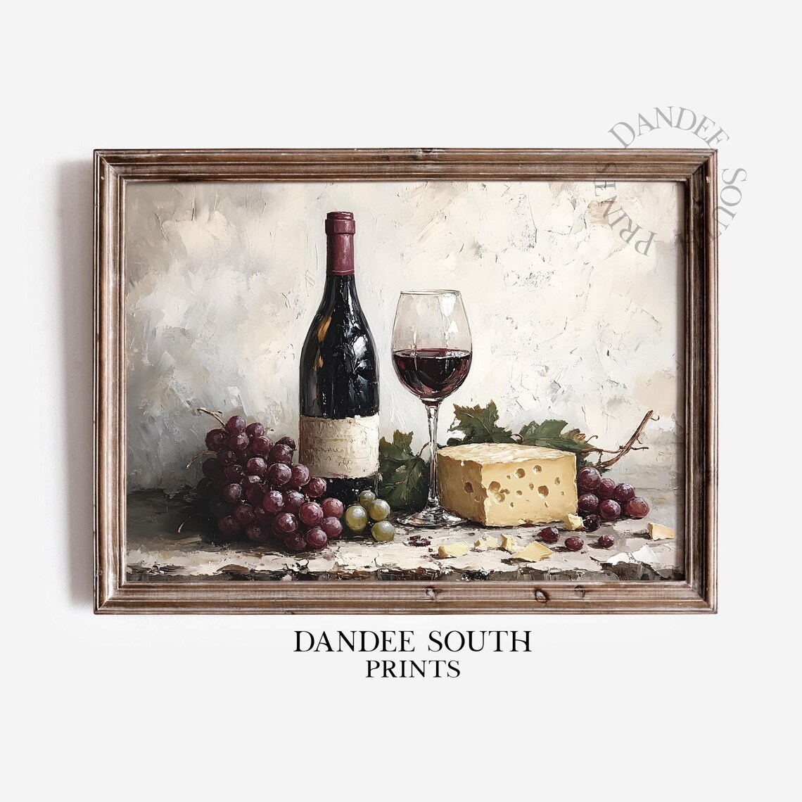 Red Wine Bottle Cheese and Grapes Still Life Oil Painting Poster