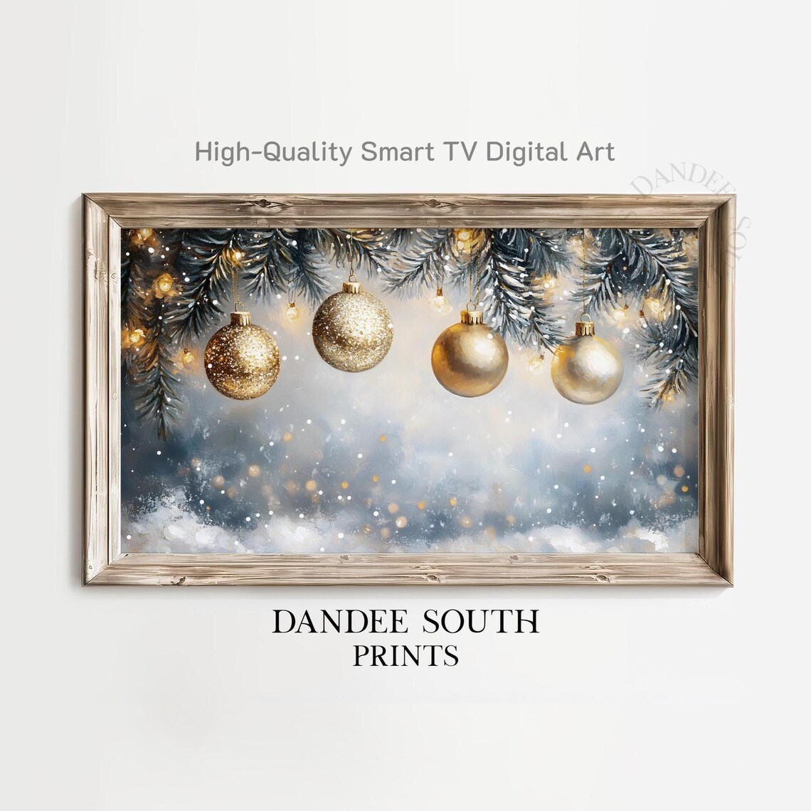 Sparkling Gold Christmas Ornaments On Snowy Pine Branches Digital Print
