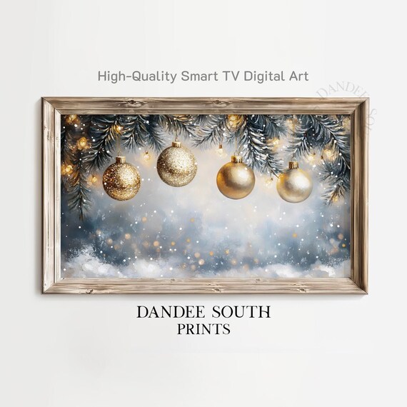 Sparkling Gold Christmas Ornaments On Snowy Pine Branches Digital Print