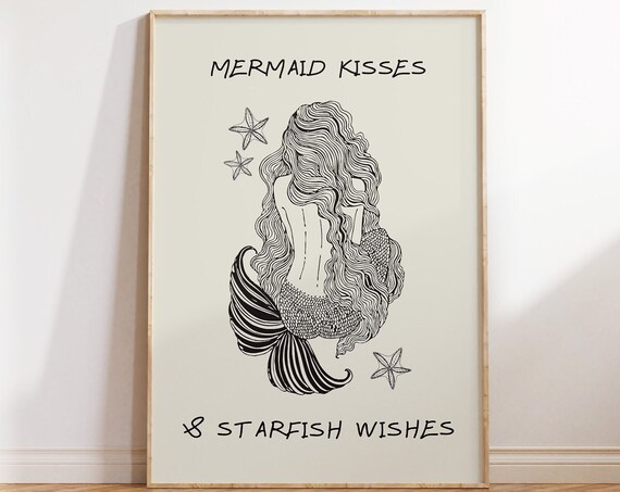 Mermaid Kisses Starfish Wishes Line Art Beach House Coastal Poster