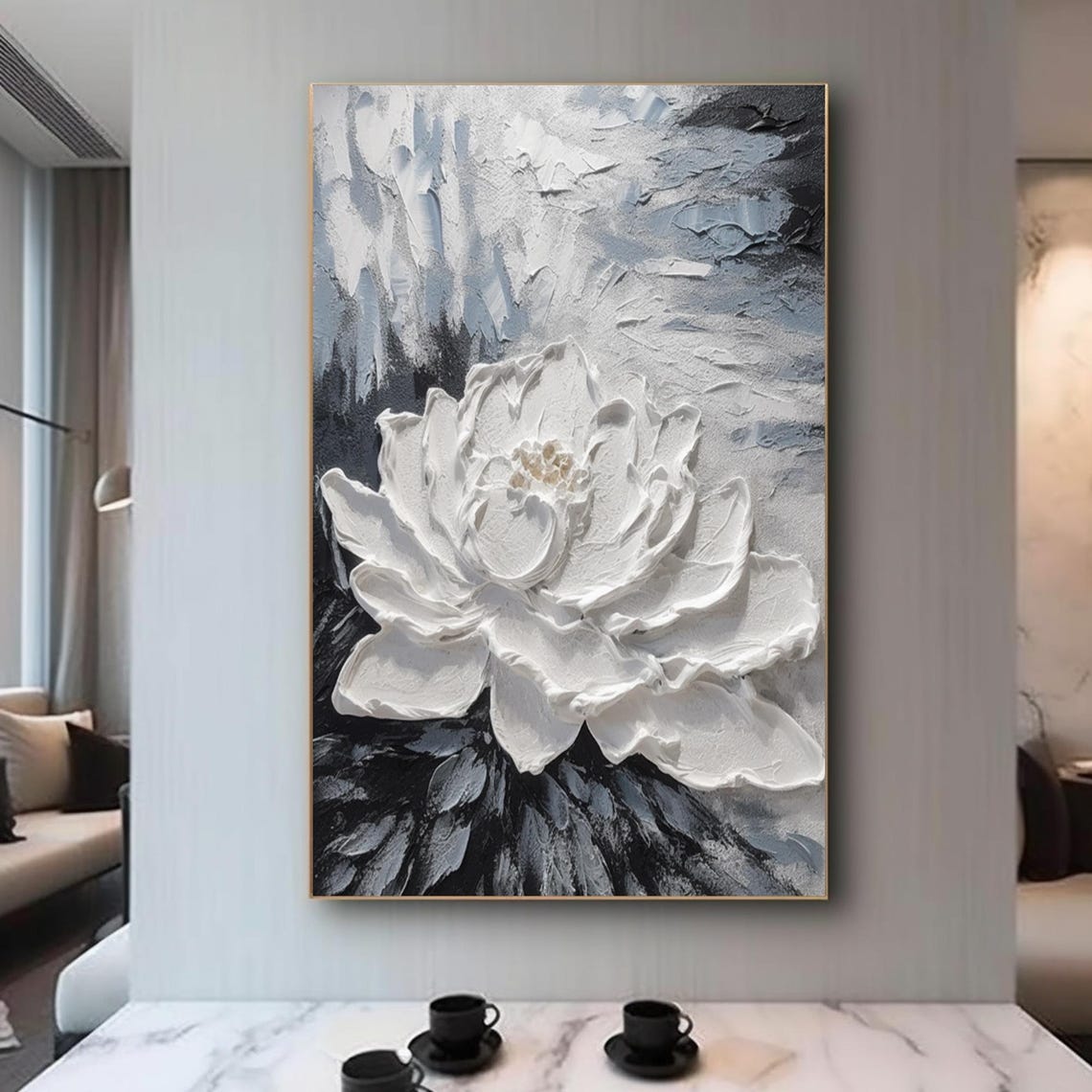 White Impasto Flower Bloom on Stormy Blue Black Textured Art Poster - Image 3