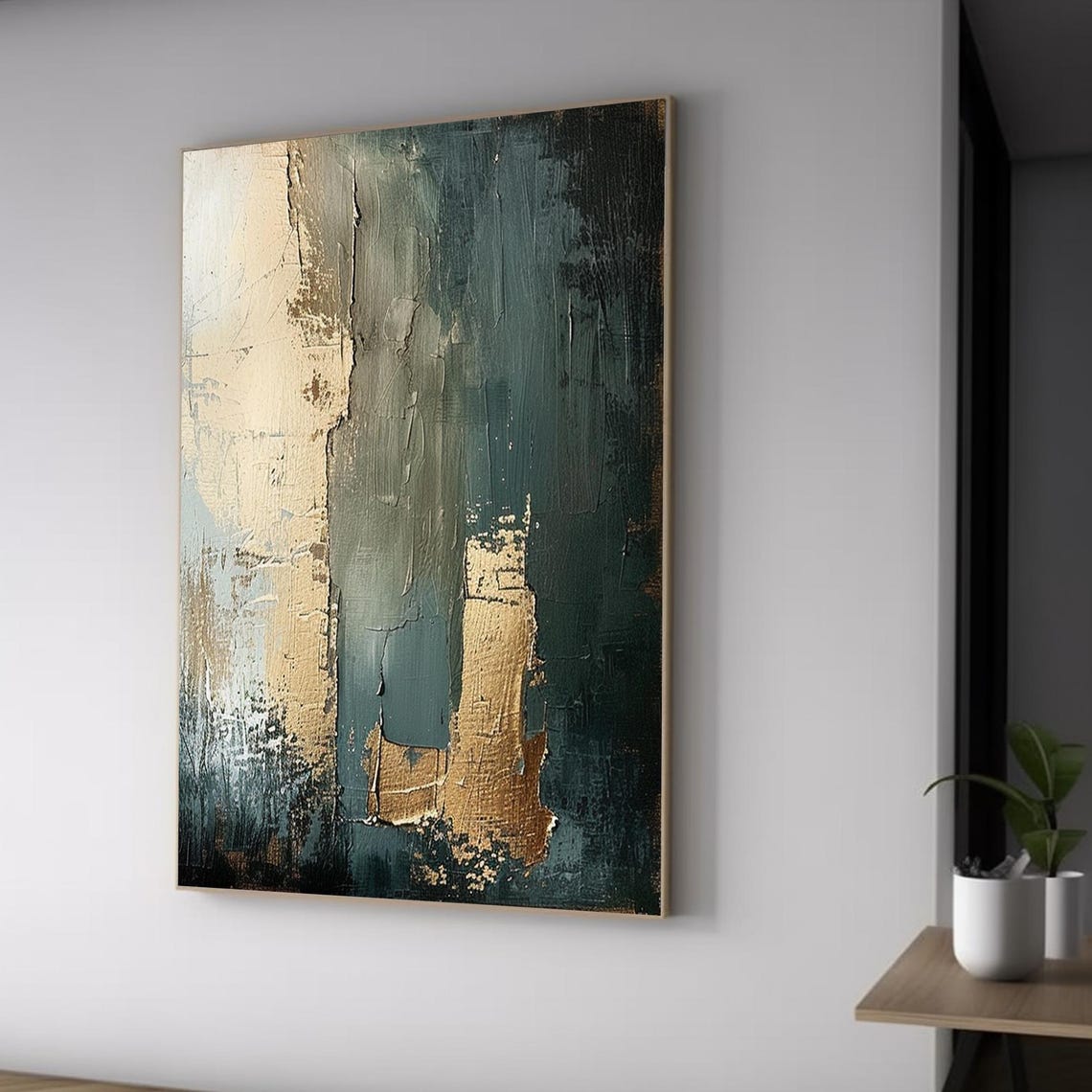 Teal Gold Abstract Vertical Bands Textured Modern Decor Art Poster - Image 3