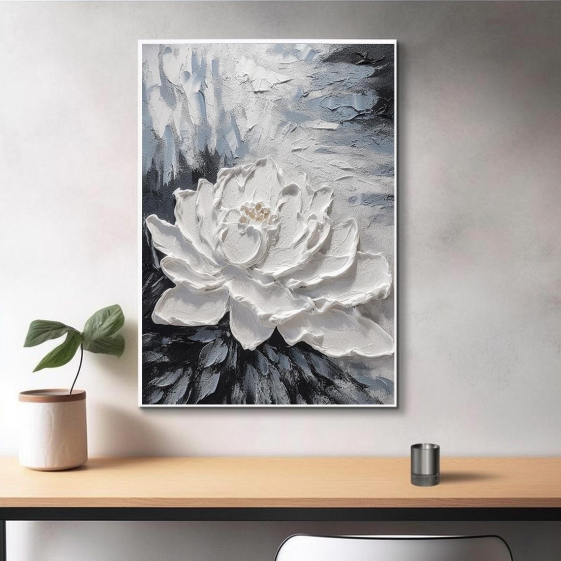 White Impasto Flower Bloom on Stormy Blue Black Textured Art Poster - Image 5