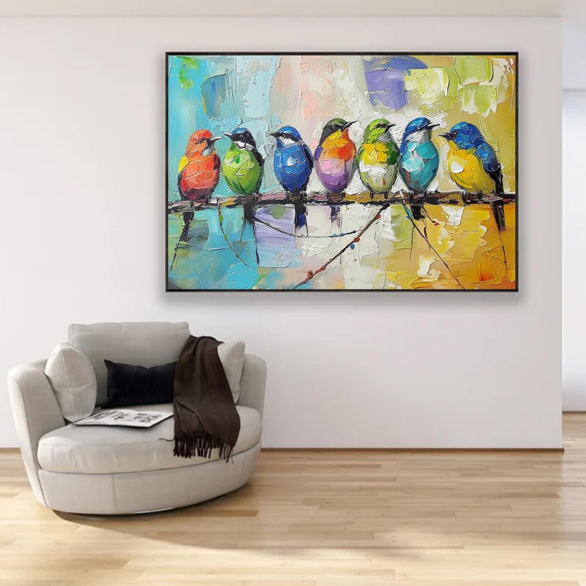 Seven Colorful Birds on Branch Palette Knife Abstract Art Poster