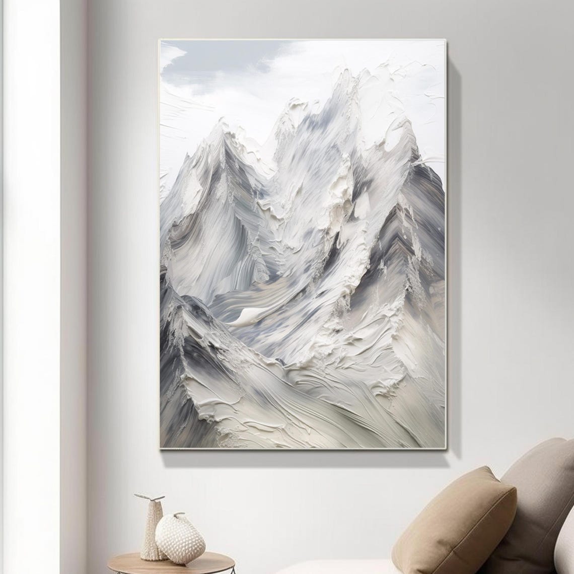 Large Gray White And Blue Abstract Mountain Acrylic Painting 3d Texture Mountain Scenery Handmade Painting Modern Natural Living Room Art