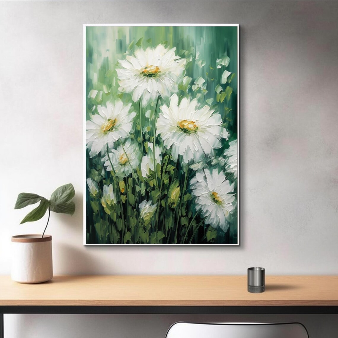 White Daisies Green Meadow Impasto Floral Field Painting Art Poster - Image 4